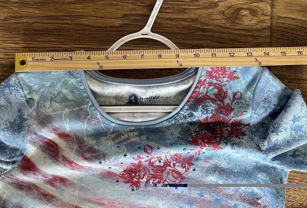 Womens Patriotic Flag Tee Statue Liberty Americana Rhinestone Top S - Picture 7 of 8